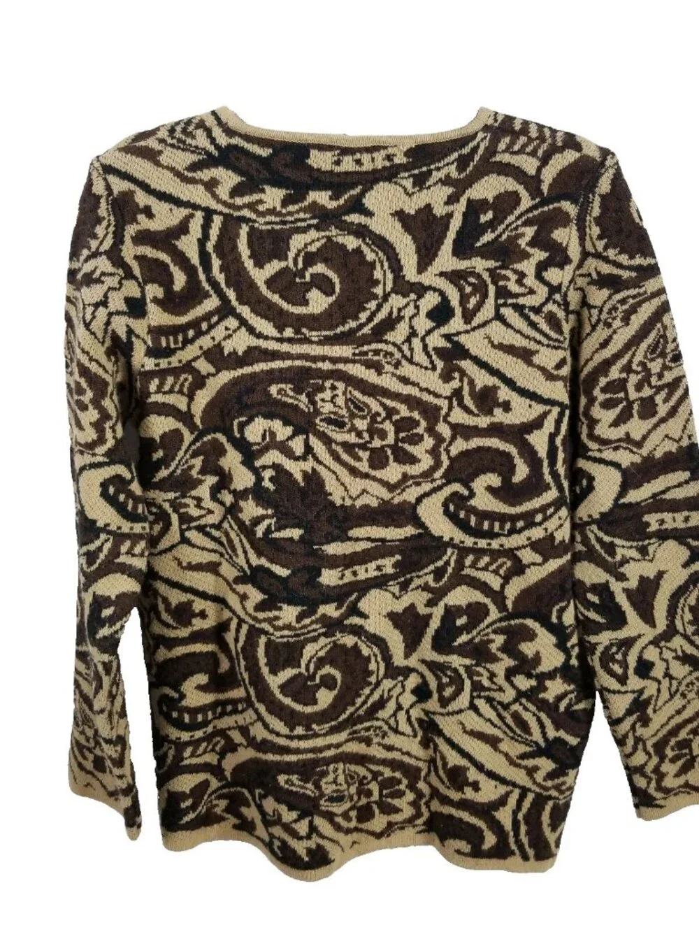 VINTAGE 90s Nina Leonard Sweater Women Medium Acrylic Brown Paisley Knit Leopard
